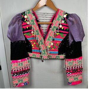 Hmong Traditional Style Cropped Jacket Neon Pink Sequin Coin Pearl Embroidered L